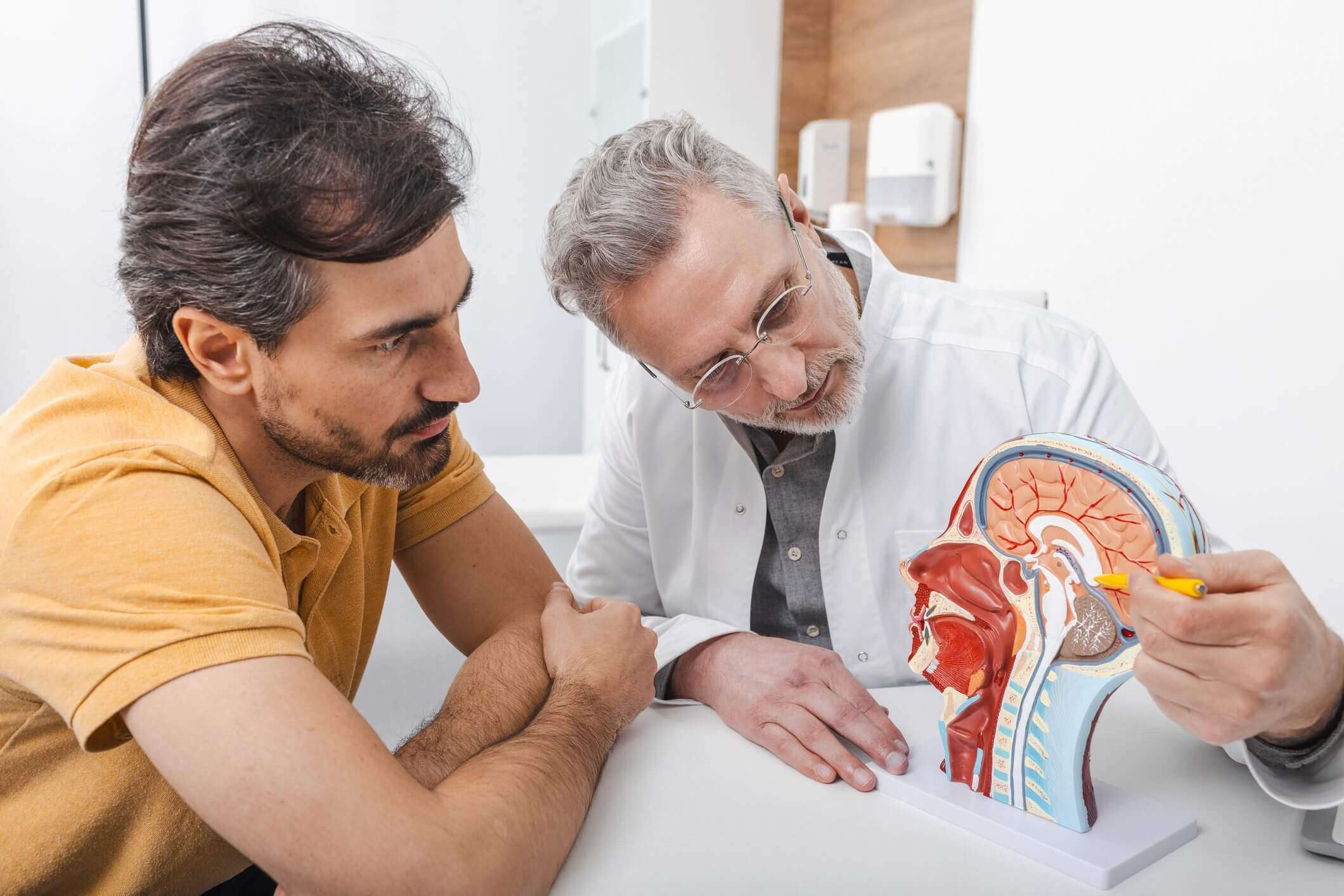 Doctor explaining human anatomy to a patient using a model.