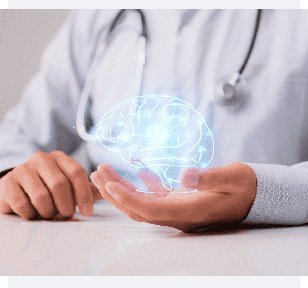 Doctor holding a glowing digital brain hologram.