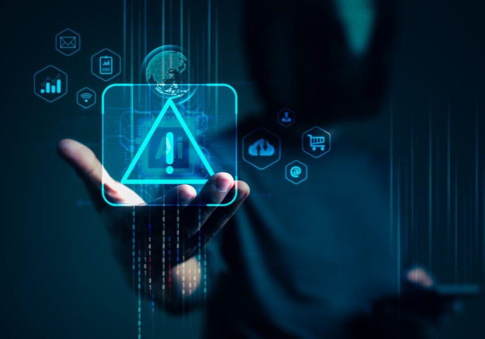 Digital warning symbol on futuristic interface.